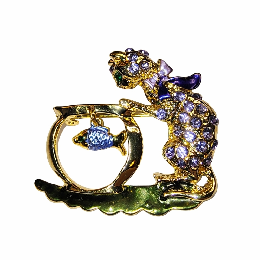 Rhinestone Cat‎ & Fishbowl Brooch Gold Tone  And Enamel